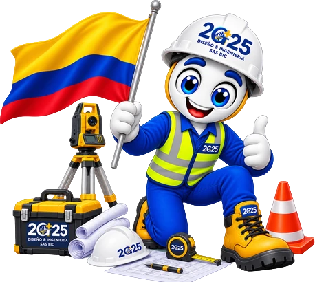 Mascota de 2G25 con la bandera de Colombia y equipo de topografía.