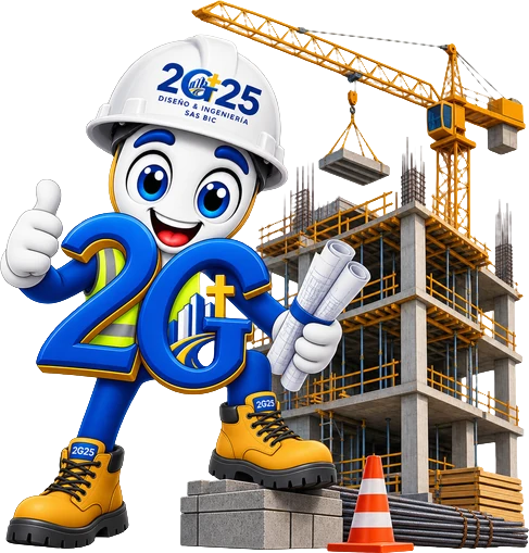 Mascota de 2G25 con planos frente a una estructura en construcción.