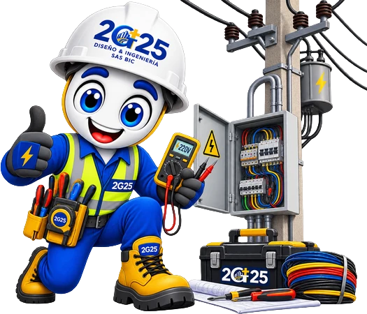 Mascota de 2G25 con herramientas junto a un tablero eléctrico.