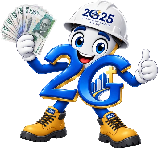 Mascota de 2G25 sosteniendo billetes, alusiva a la capacidad financiera.