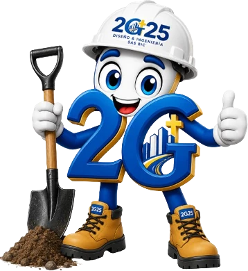 Mascota de 2G25 con una pala sobre terreno removido.