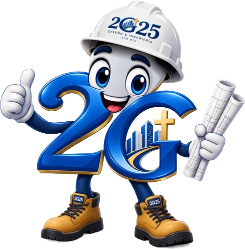 Mascota de 2G25 sosteniendo planos de obra.